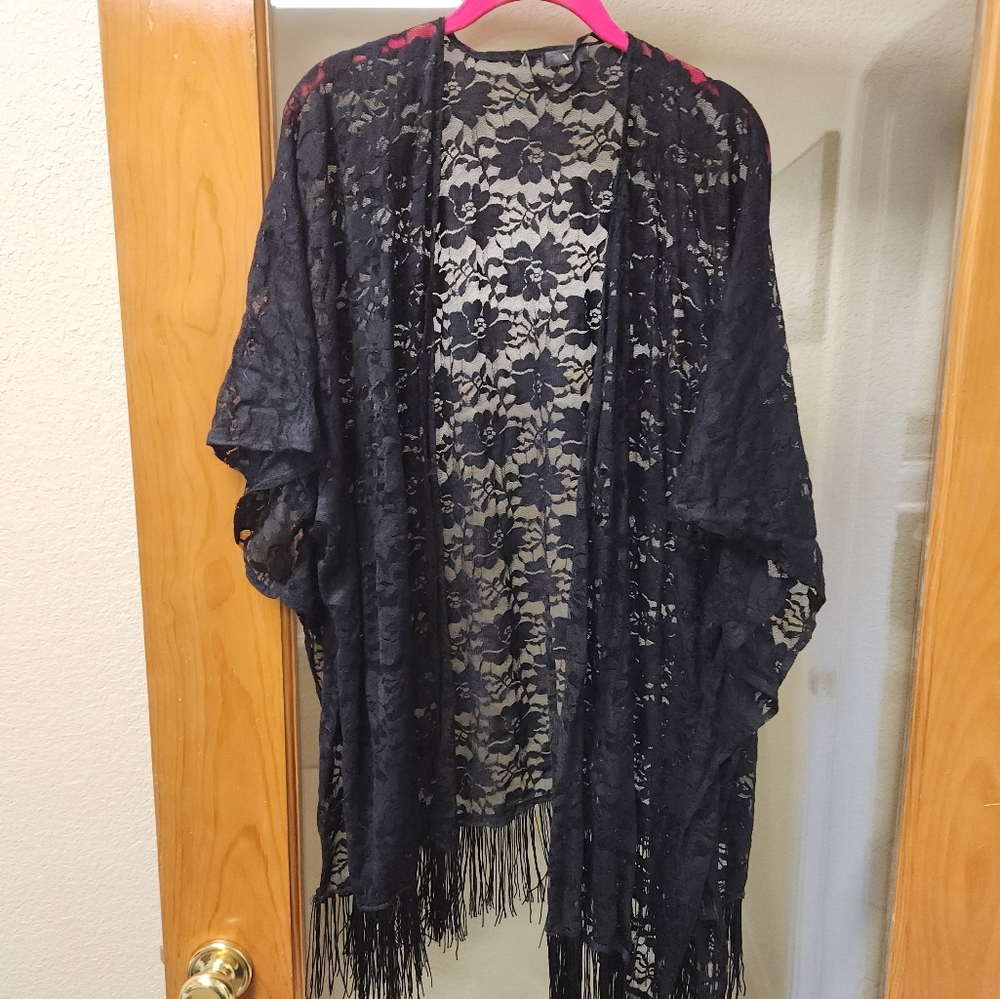 Black Kimono/Cover Up with Fringe One Size
